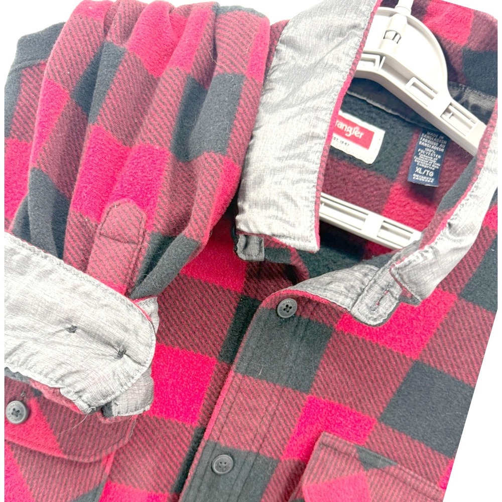 Wrangler Mens Buffalo Plaid Check Flannel Shirt XL Red Black Long Sleeve Shacket